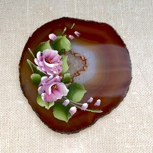 Quartz Crystal Rock Slice Polished Geode Stone Brown Orange‎ Flower Hand-Painted